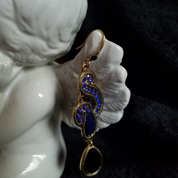 Blue, Black and Gold dangle earrings - Picture 3 of 5